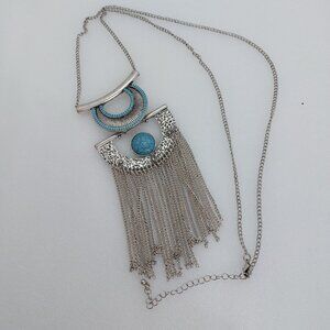 Bohemian Style Statement Long Necklace Turquoise Stone Fringe Silver Tone Chain